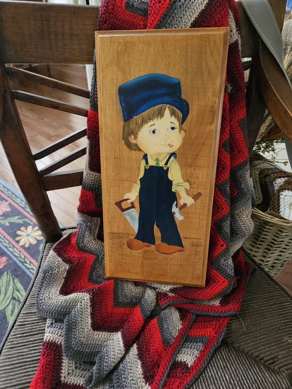Hand-Painted Boy Wood Plaque in Blue and Brown